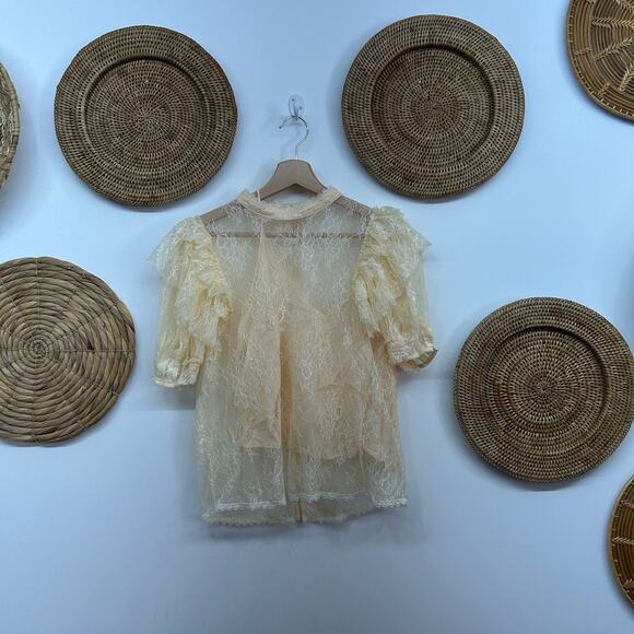 Free People Cream Sheer Lace Overlay Lined Short Sleeve Blouse Small Feminine - Picture 3 of 11